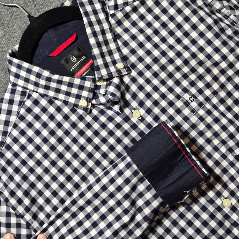 Victorinox Blue & White Gingham Tailored Fit Long Sleeve Button Up Men's Large